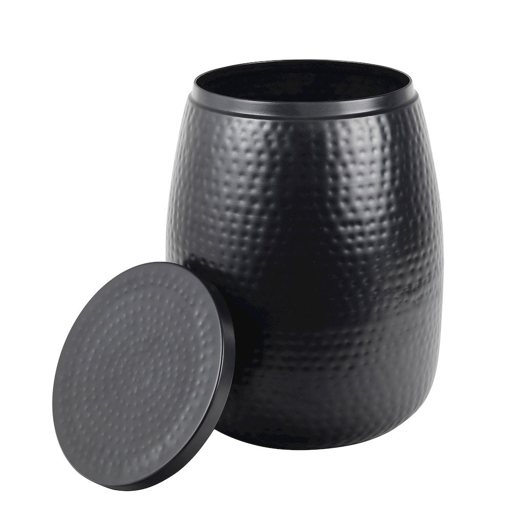 Rustic Hammered Metal Drum Storage Side Table with Lid, Matte Black
