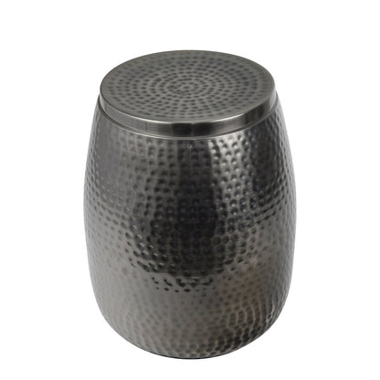 Rustic Hammered Metal Drum Storage Side Table with Lid, Antique Nickel