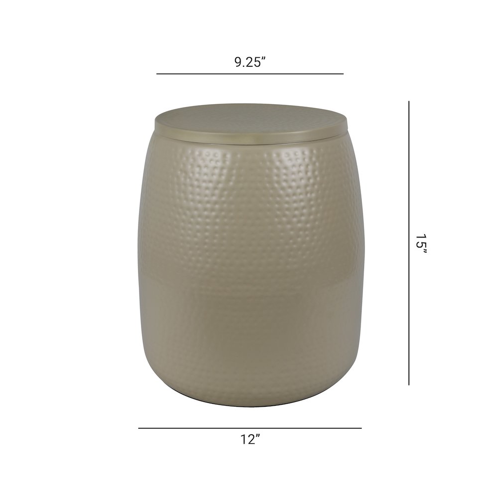 Merida 15" Modern Rustic Hammered Metal Drum Storage Side Table with Lid, Almond