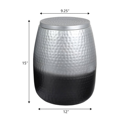 Merida Hammered Metal Drum Storage Side Table with Lid, Silver/Black