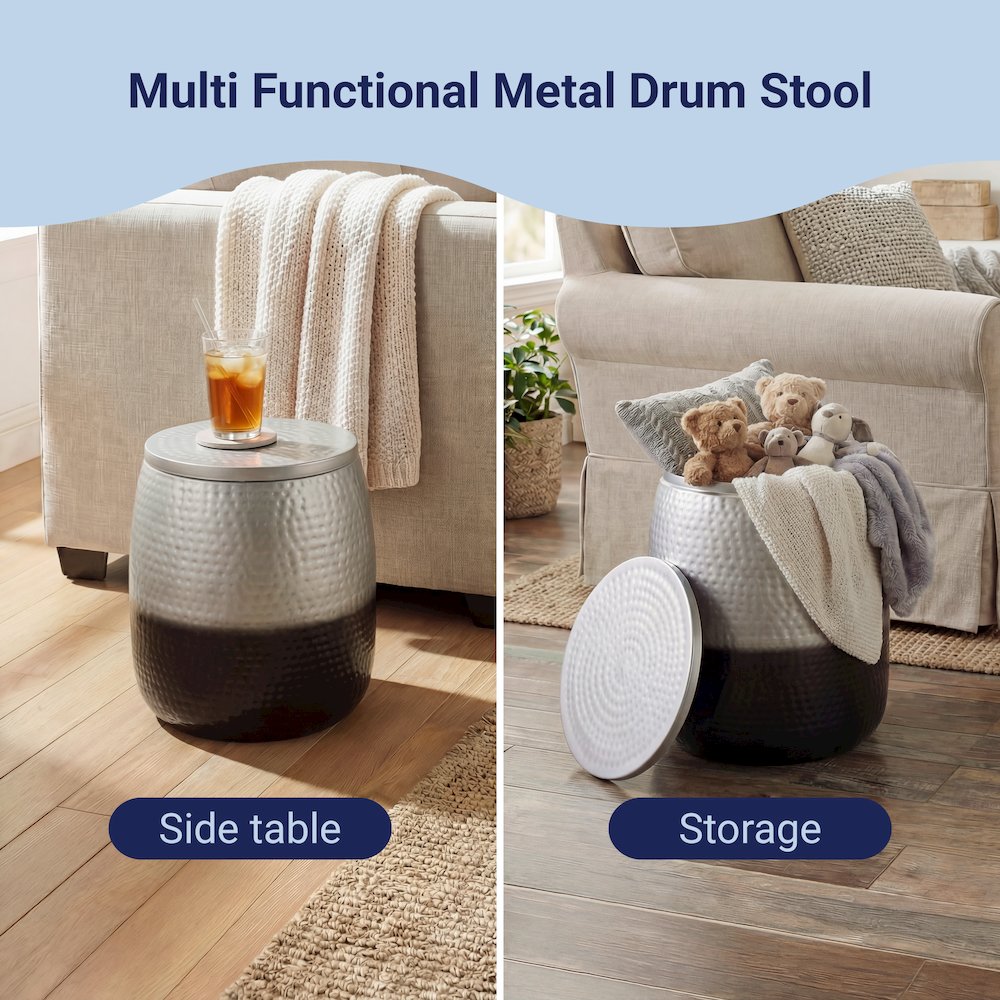 Merida Hammered Metal Drum Storage Side Table with Lid, Silver/Black