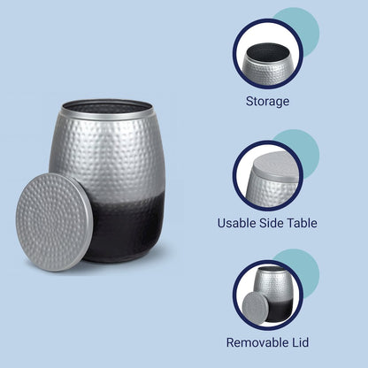 Merida Hammered Metal Drum Storage Side Table with Lid, Silver/Black