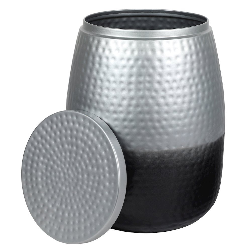 Merida Hammered Metal Drum Storage Side Table with Lid, Silver/Black