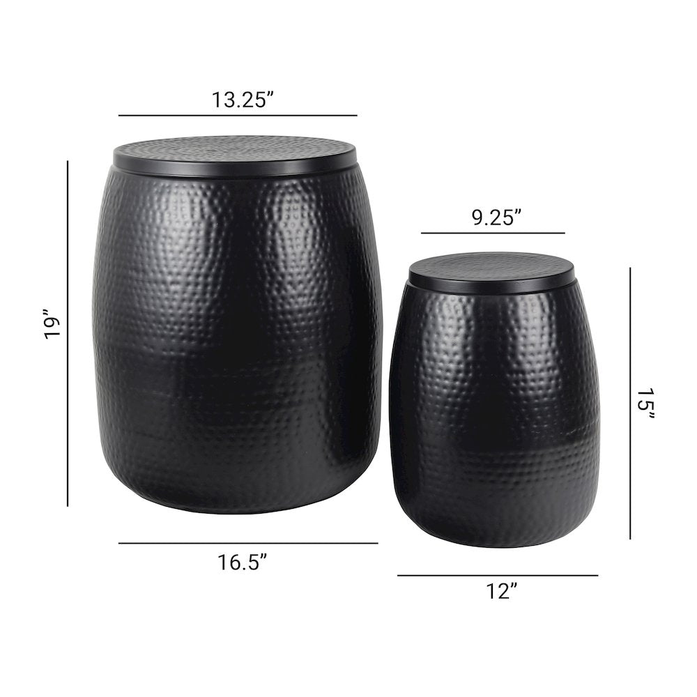 Rustic 2-Piece Hammered Metal Drum Storage Side Tables with Lids, Matte Black