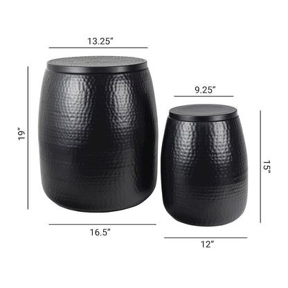 Rustic 2-Piece Hammered Metal Drum Storage Side Tables with Lids, Matte Black