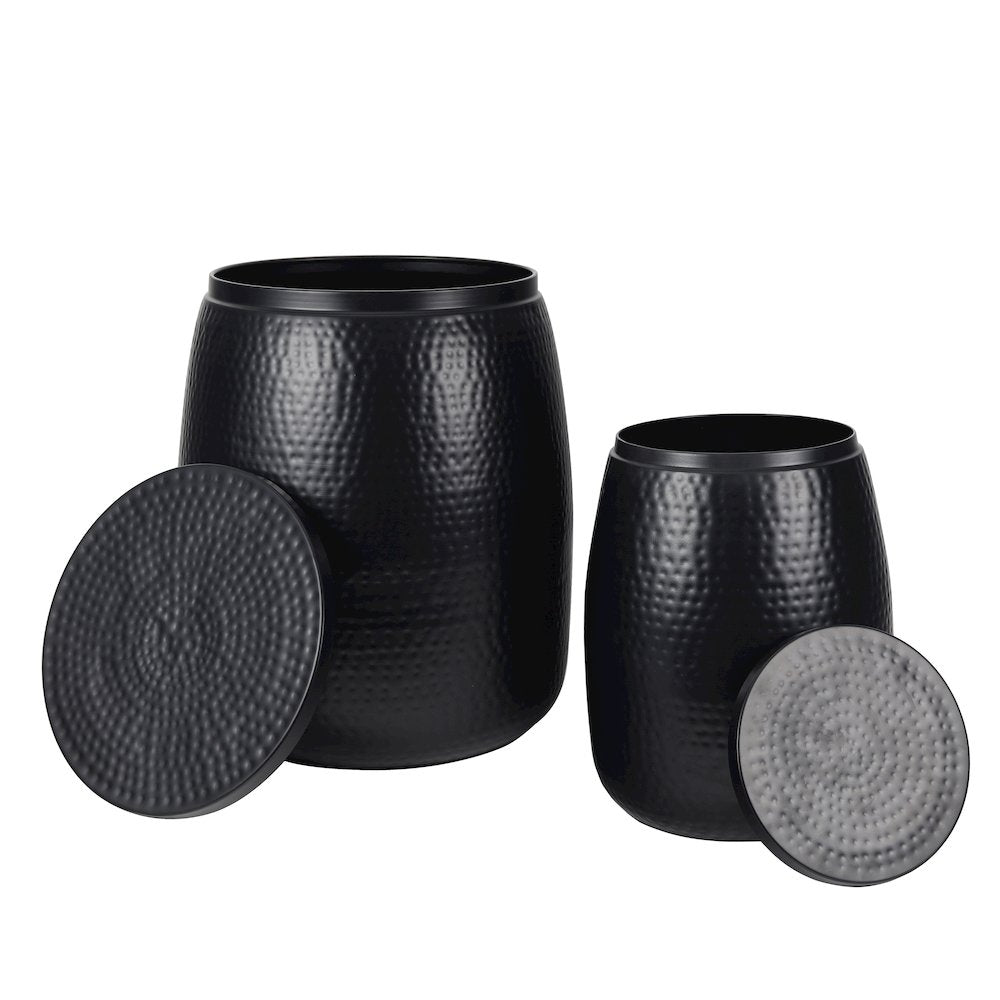Rustic 2-Piece Hammered Metal Drum Storage Side Tables with Lids, Matte Black