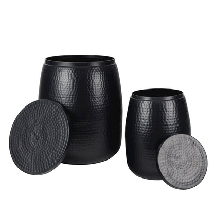 Rustic 2-Piece Hammered Metal Drum Storage Side Tables with Lids, Matte Black