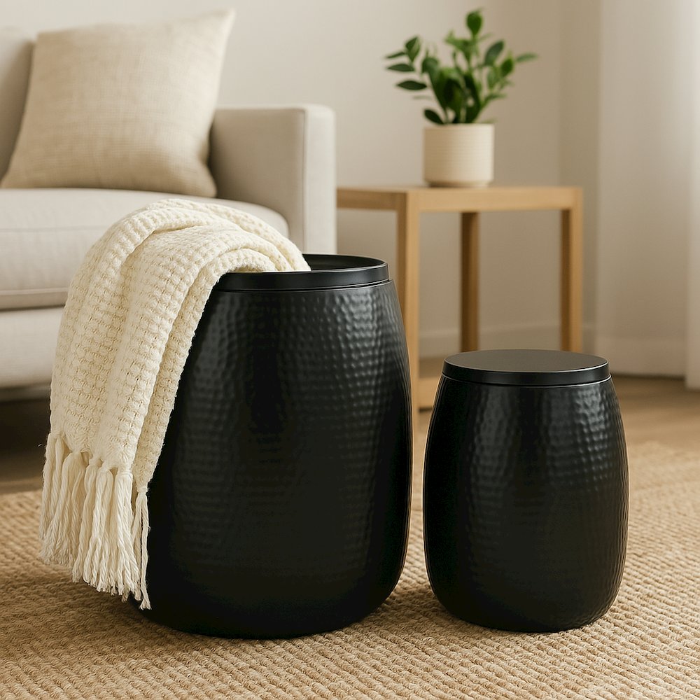 Rustic 2-Piece Hammered Metal Drum Storage Side Tables with Lids, Matte Black