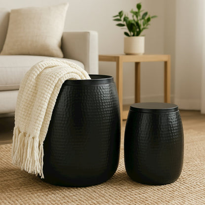 Rustic 2-Piece Hammered Metal Drum Storage Side Tables with Lids, Matte Black