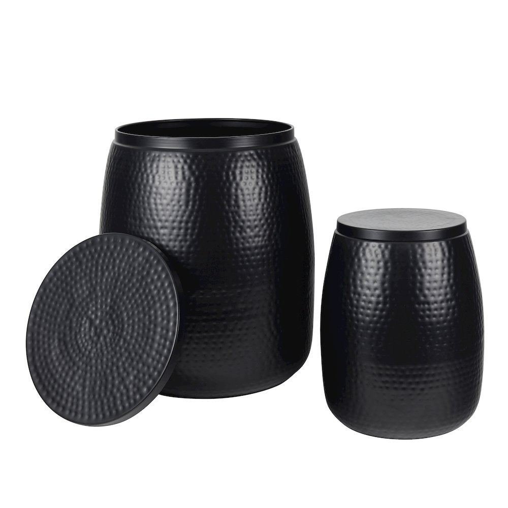 Rustic 2-Piece Hammered Metal Drum Storage Side Tables with Lids, Matte Black