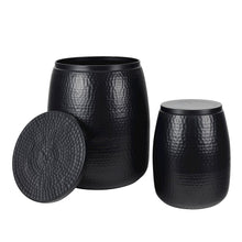 Rustic 2-Piece Hammered Metal Drum Storage Side Tables with Lids, Matte Black