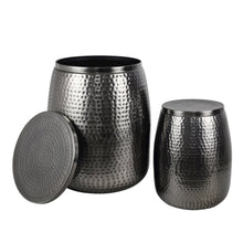 Rustic 2-Piece Hammered Metal Drum Storage Side Tables with Lids, Antique Nickel