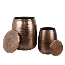 Rustic 2-Piece Hammered Metal Drum Storage Side Tables with Lids, Antique Copper