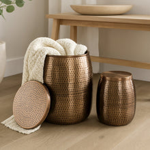 Rustic 2-Piece Hammered Metal Drum Storage Side Tables with Lids, Antique Copper