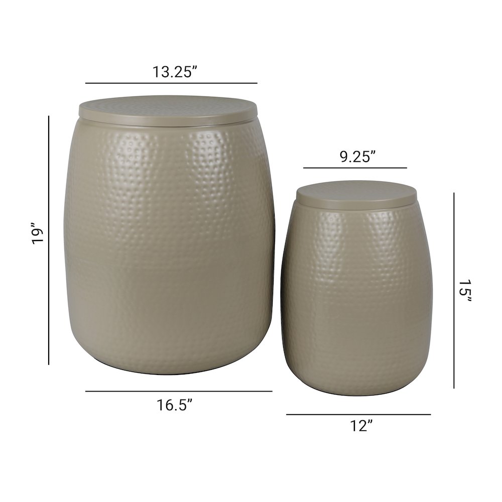 Rustic 2-Piece Hammered Metal Drum Storage Side Tables with Lids, Almond