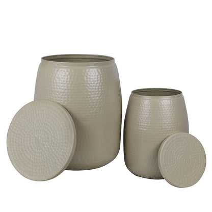 Rustic 2-Piece Hammered Metal Drum Storage Side Tables with Lids, Almond