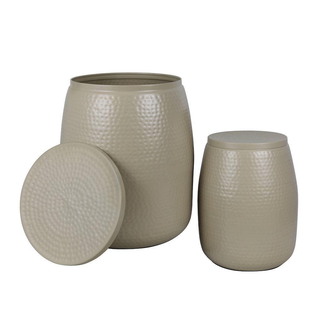 Rustic 2-Piece Hammered Metal Drum Storage Side Tables with Lids, Almond