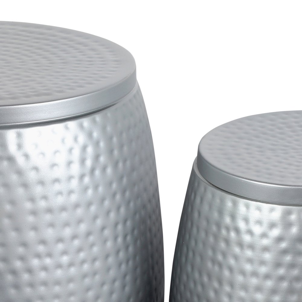 Merida 2-Piece Hammered Metal Drum Storage Side Tables with Lids, Silver Black