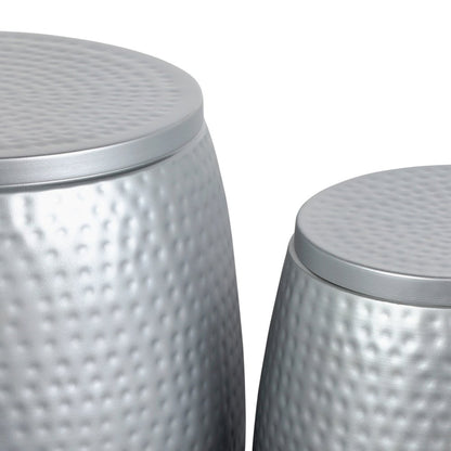 Merida 2-Piece Hammered Metal Drum Storage Side Tables with Lids, Silver Black