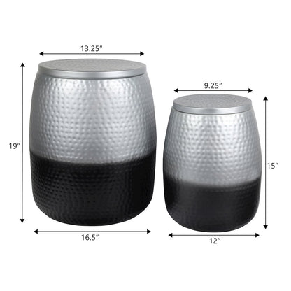Merida 2-Piece Hammered Metal Drum Storage Side Tables with Lids, Silver Black