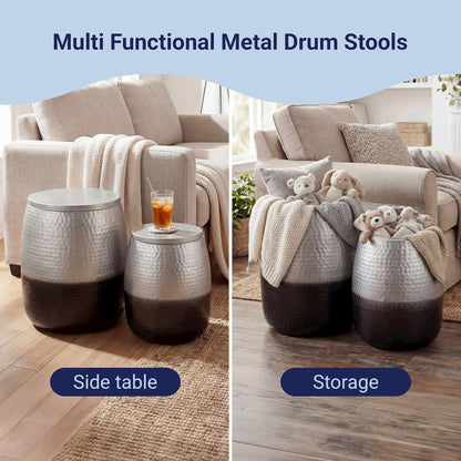 Merida 2-Piece Hammered Metal Drum Storage Side Tables with Lids, Silver Black