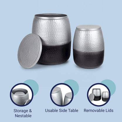Merida 2-Piece Hammered Metal Drum Storage Side Tables with Lids, Silver Black