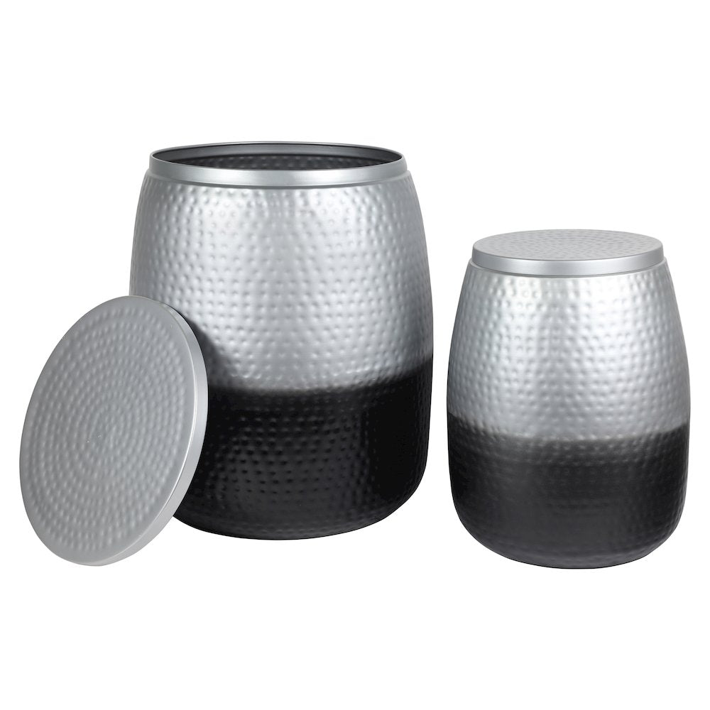 Merida 2-Piece Hammered Metal Drum Storage Side Tables with Lids, Silver Black