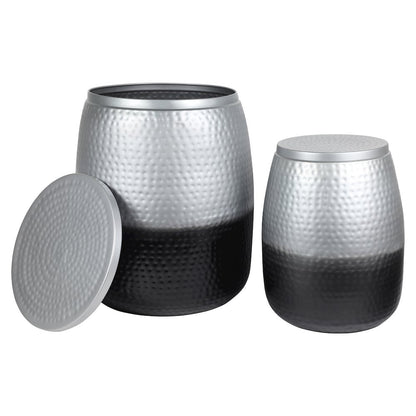 Merida 2-Piece Hammered Metal Drum Storage Side Tables with Lids, Silver Black