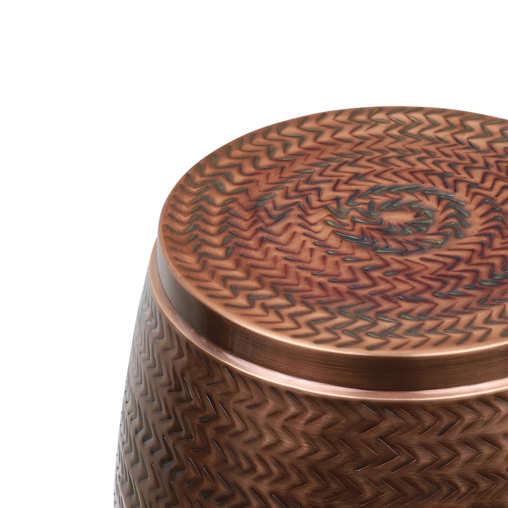 Rustic Arrow-Hammered Metal Drum Storage Side Table with Lid, Antique Copper