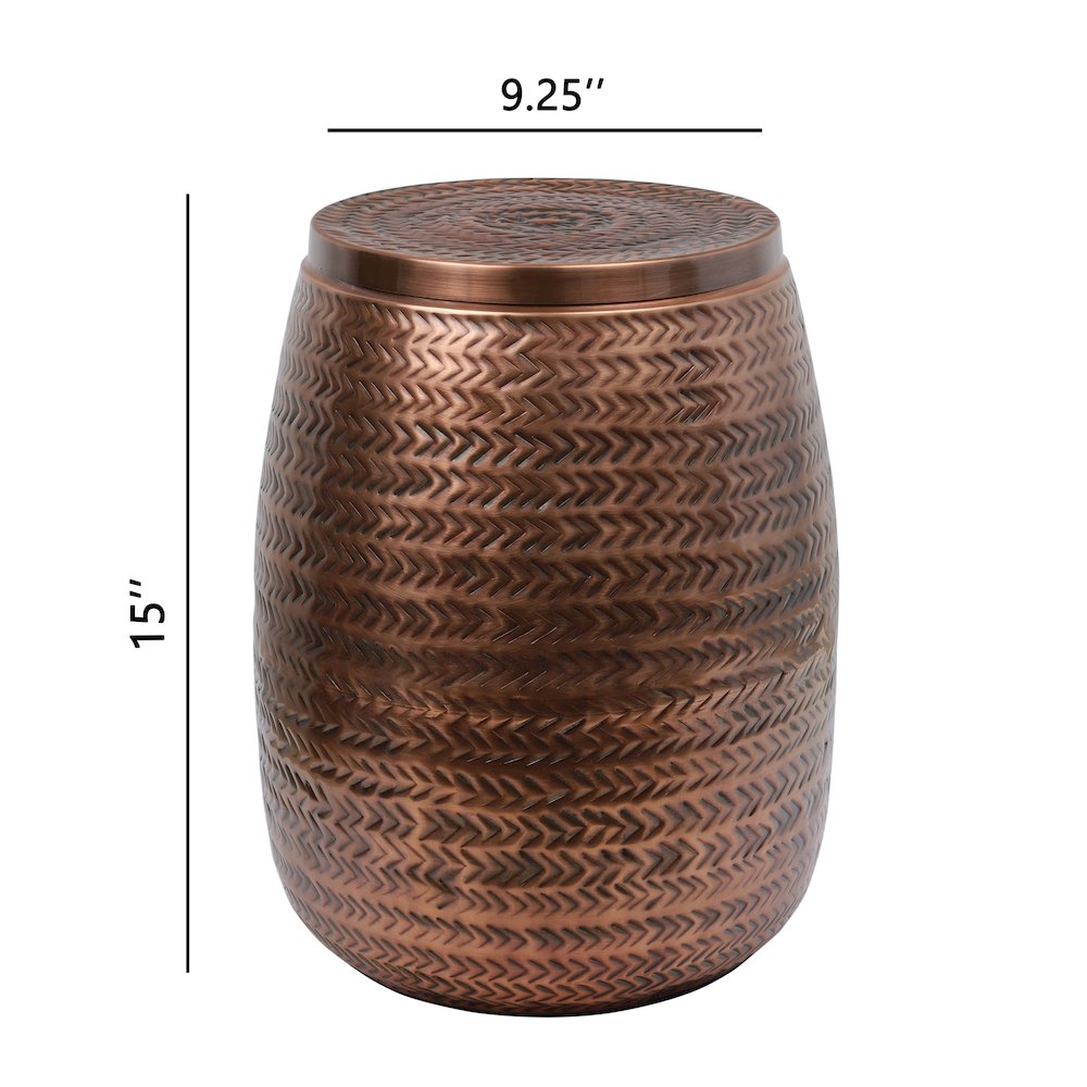 Rustic Arrow-Hammered Metal Drum Storage Side Table with Lid, Antique Copper