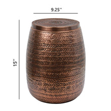 Rustic Arrow-Hammered Metal Drum Storage Side Table with Lid, Antique Copper