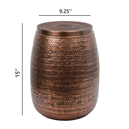 Rustic Arrow-Hammered Metal Drum Storage Side Table with Lid, Antique Copper