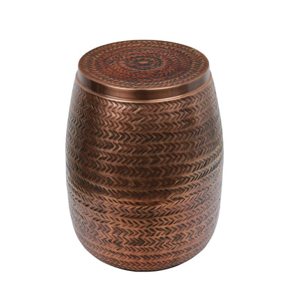 Rustic Arrow-Hammered Metal Drum Storage Side Table with Lid, Antique Copper