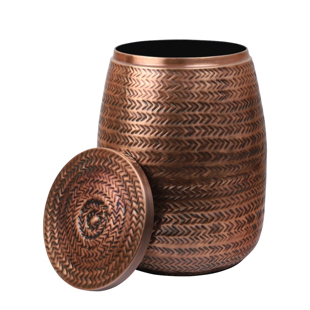 Rustic Arrow-Hammered Metal Drum Storage Side Table with Lid, Antique Copper