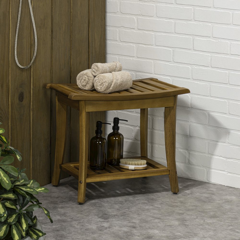 Tucker Modern 22" Natural Acacia Wood Shower Bench with Storage Shelf