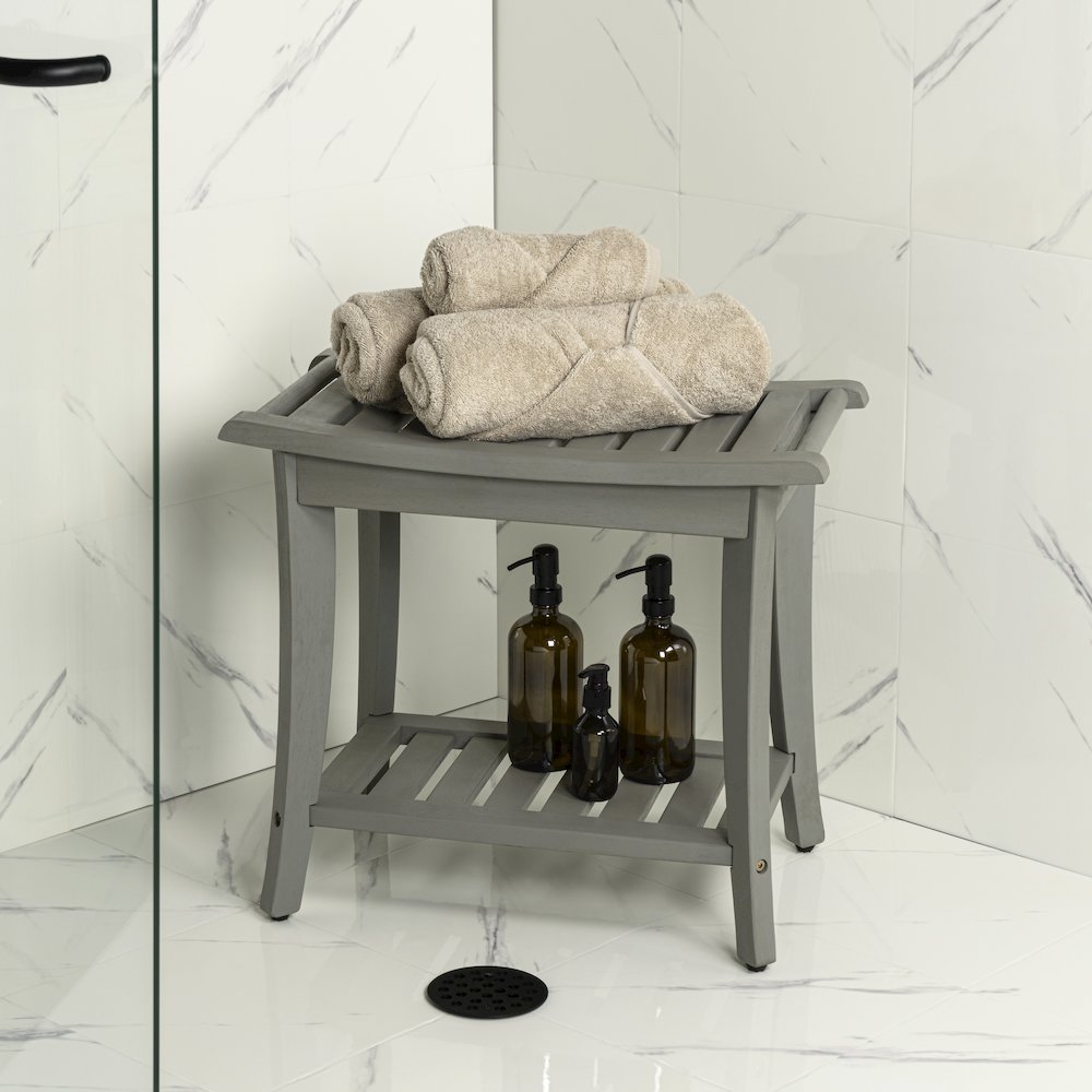 Tucker Modern 22" Gray Acacia Wood Shower Bench with Storage Shelf