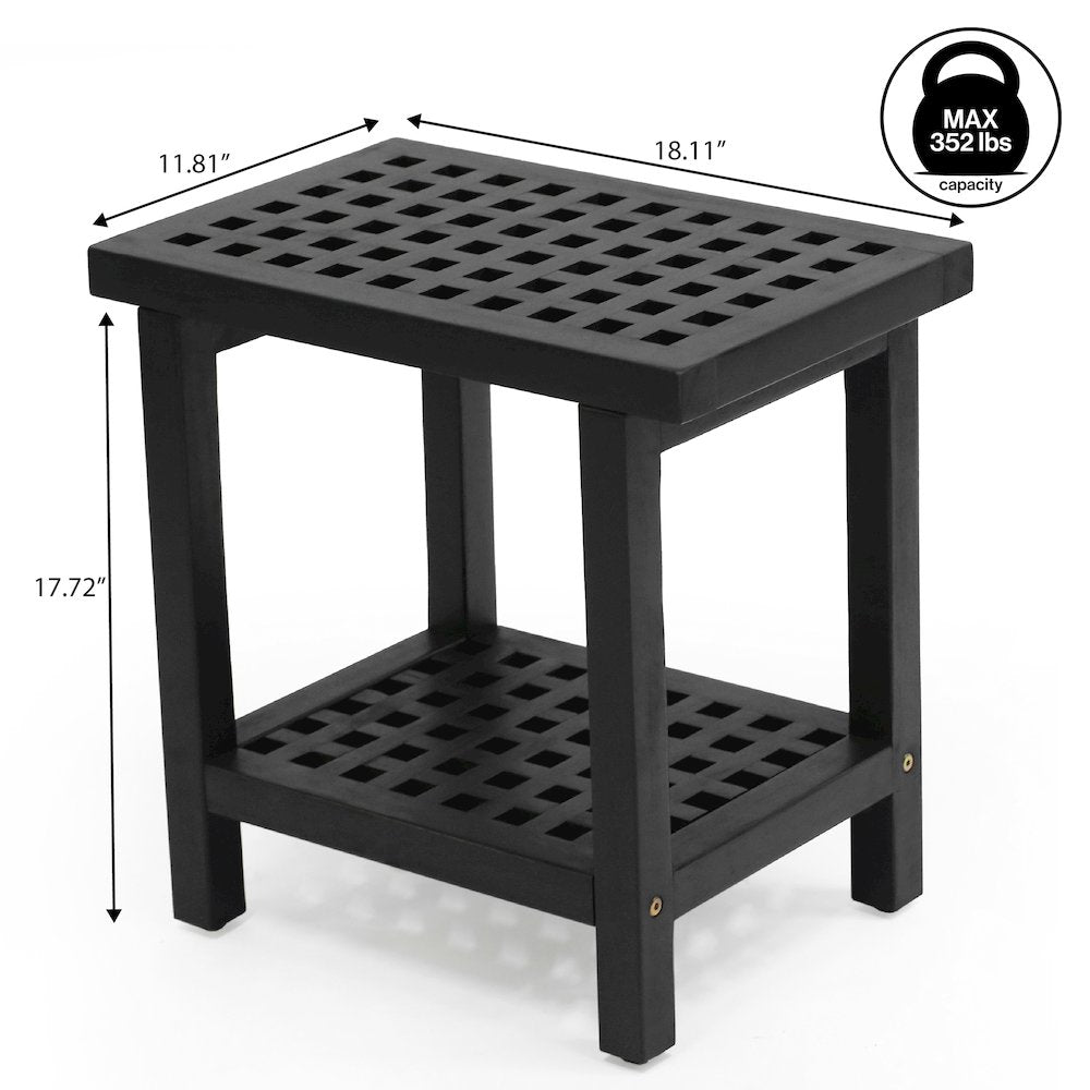 Armin 18" Modern Black Acacia Wood Shower Stool with Storage Shelf