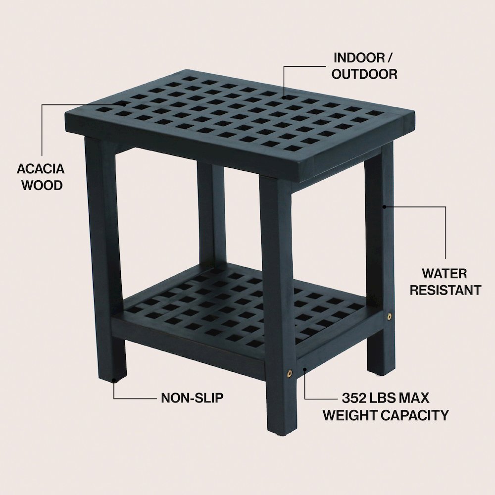 Armin 18" Modern Black Acacia Wood Shower Stool with Storage Shelf