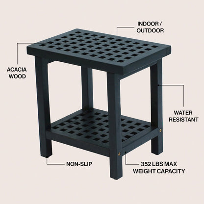 Armin 18" Modern Black Acacia Wood Shower Stool with Storage Shelf