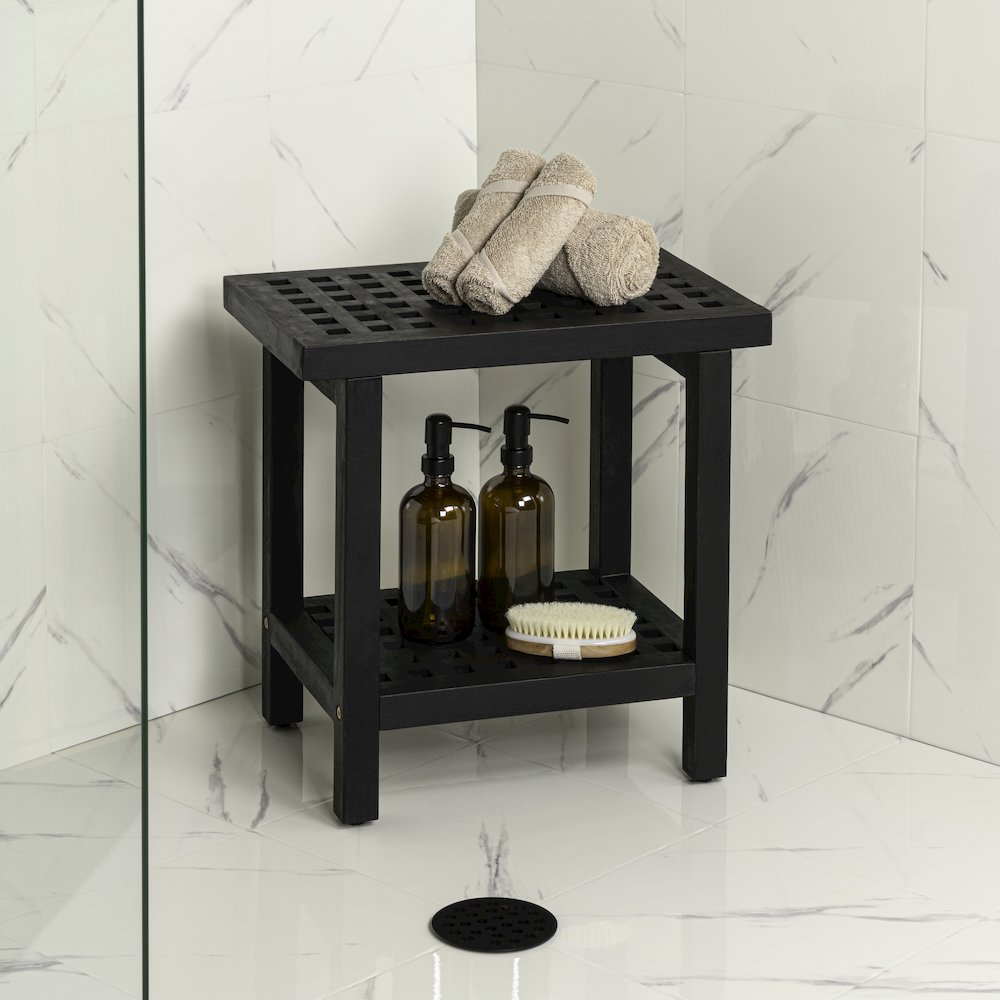 Armin 18" Modern Black Acacia Wood Shower Stool with Storage Shelf