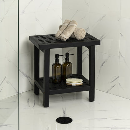 Armin 18" Modern Black Acacia Wood Shower Stool with Storage Shelf