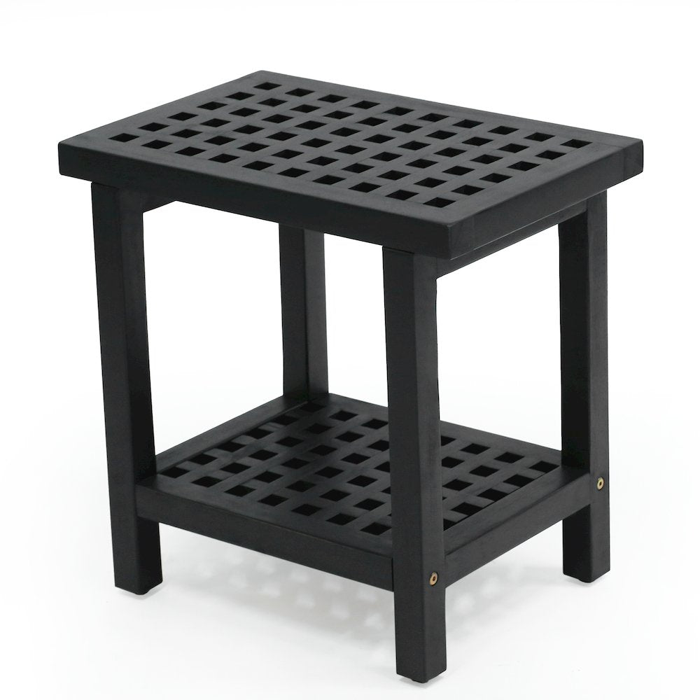 Armin 18" Modern Black Acacia Wood Shower Stool with Storage Shelf