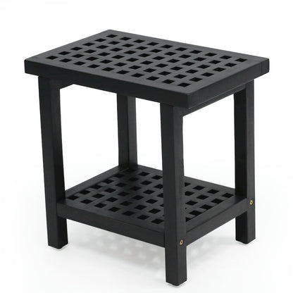 Armin 18" Modern Black Acacia Wood Shower Stool with Storage Shelf