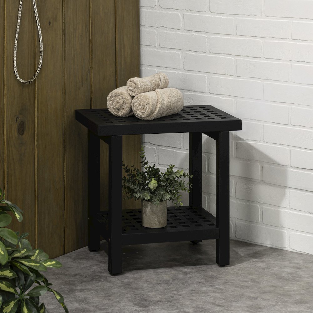 Armin 18" Modern Black Acacia Wood Shower Stool with Storage Shelf