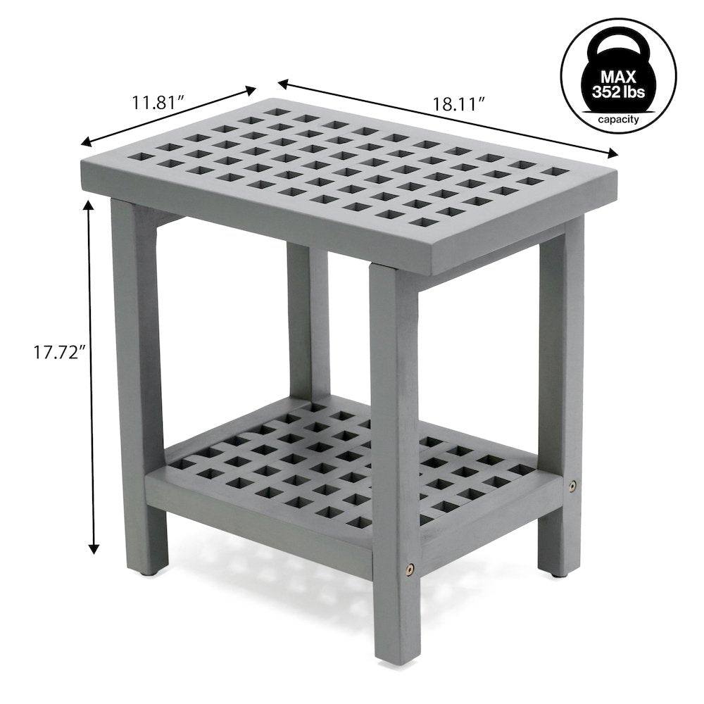 Armin 18" Modern Gray Acacia Wood Shower Stool with Storage Shelf