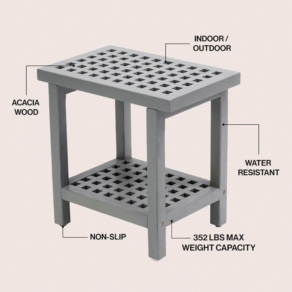 Armin 18" Modern Gray Acacia Wood Shower Stool with Storage Shelf
