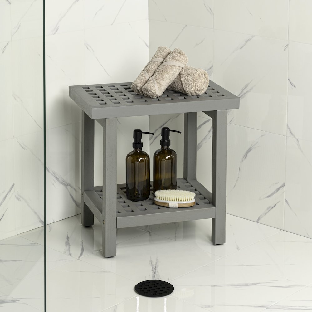 Armin 18" Modern Gray Acacia Wood Shower Stool with Storage Shelf