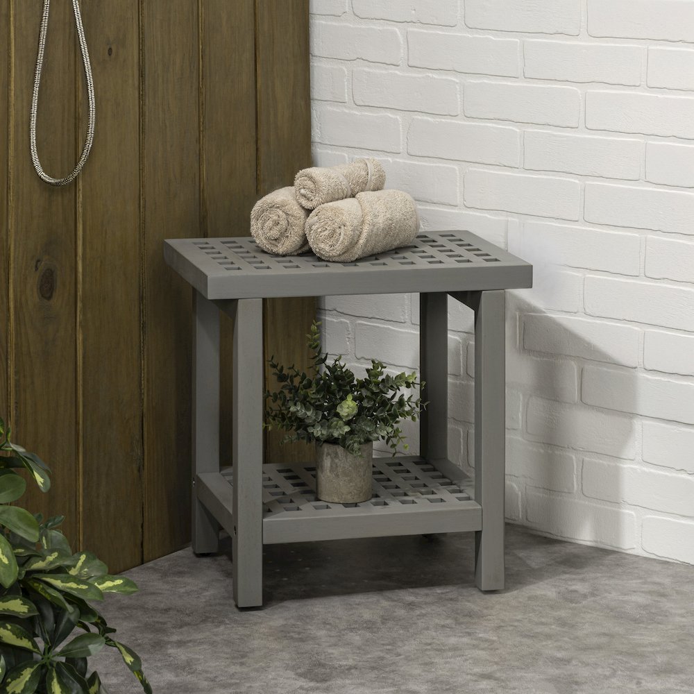 Armin 18" Modern Gray Acacia Wood Shower Stool with Storage Shelf