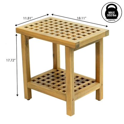 Armin 18" Modern Light Teak Acacia Wood Shower Stool with Storage Shelf