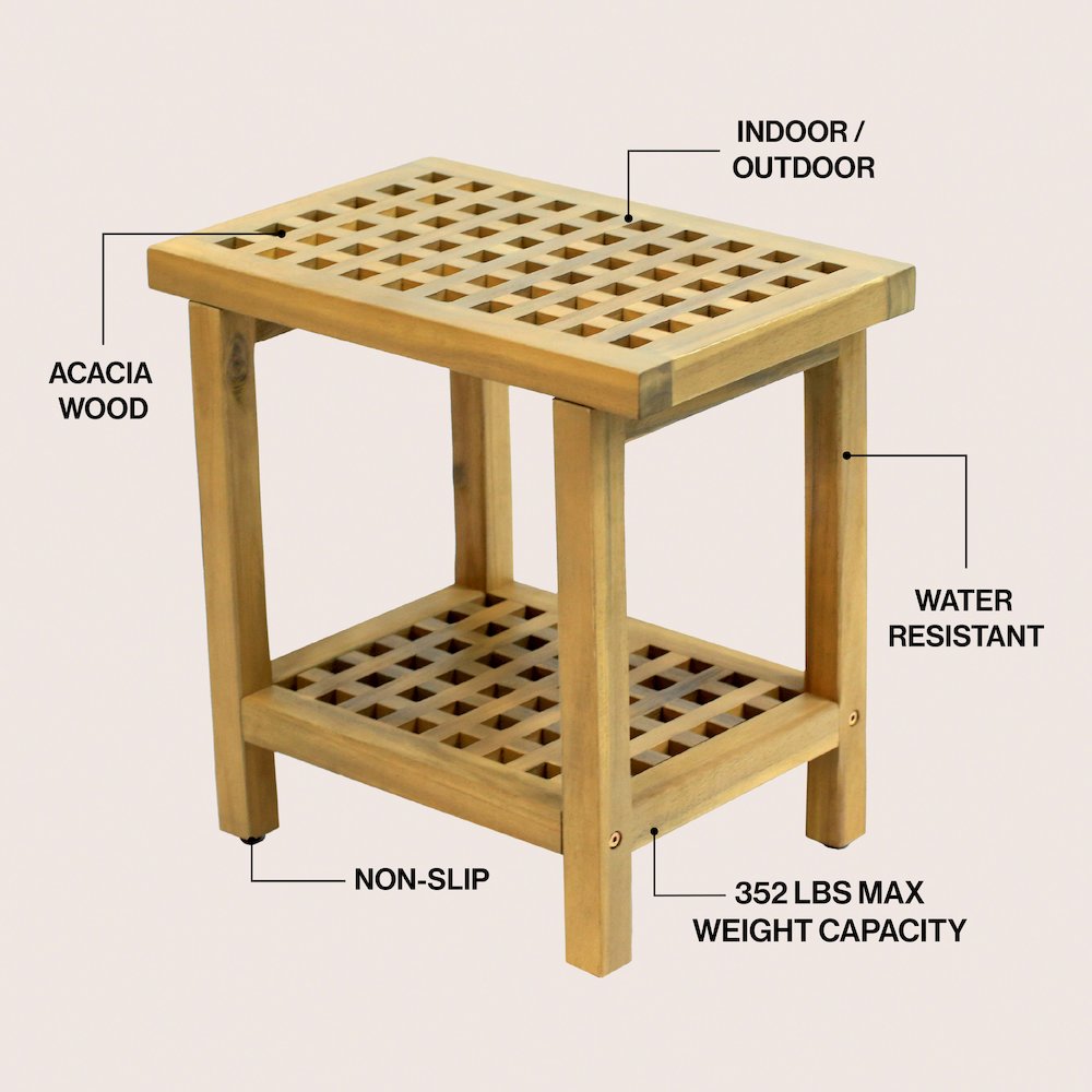 Armin 18" Modern Light Teak Acacia Wood Shower Stool with Storage Shelf